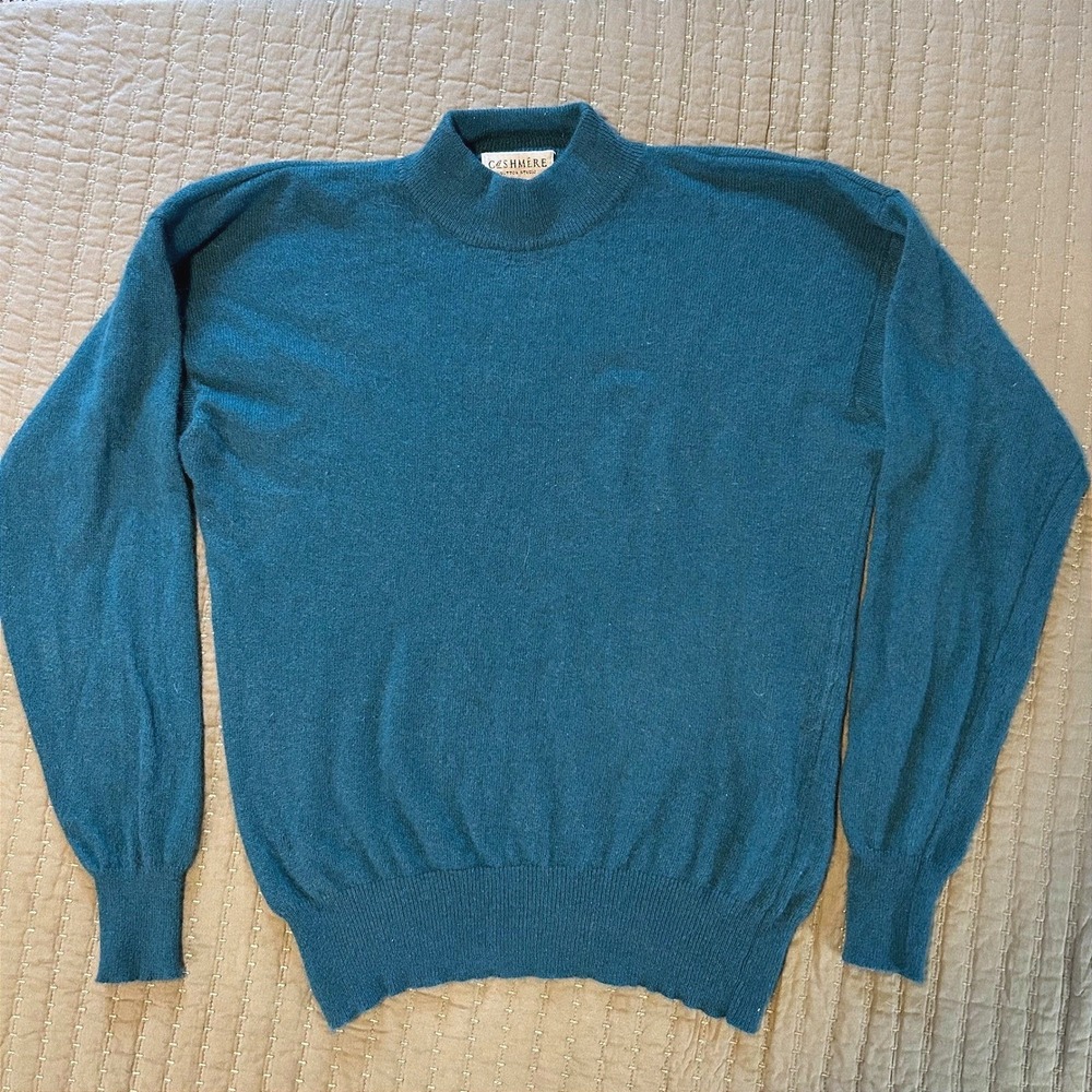 Sutton Studio Womens M 100% Cashmere Sweater Teal Blue Mock Neck Quiet Luxury